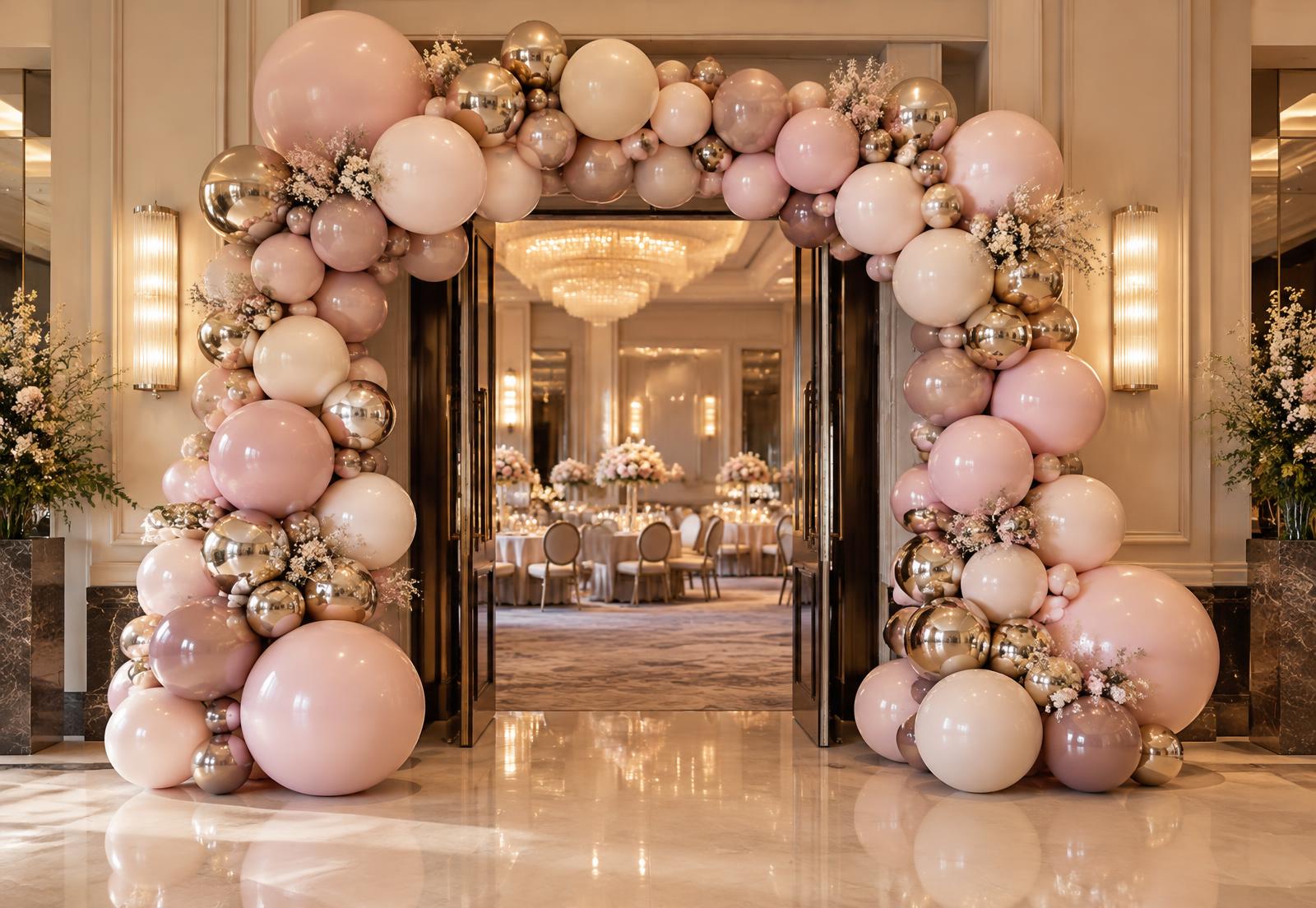 Blush, cream and gold organic balloon arch framing a ballroom entrance